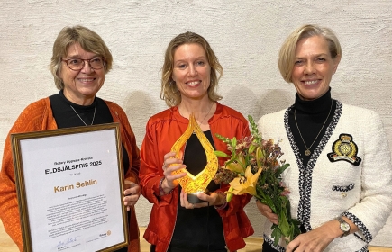 Juryns ordf Eva Sterte, Rotarys Eldsjäls 2025 Karin Sehlin och distriktsguvernör Margit Svenson.
